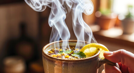 warm, aromatic herbal tea with lemon slice: close-up photo