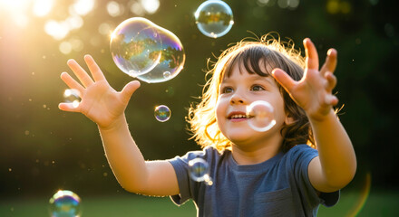 joyful toddler reaching for sunlight-kissed bubbles in a lush green park