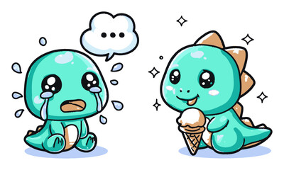 Naklejka premium Cute Cartoon Dinosaurs Expressing Emotions with Ice Cream Delight