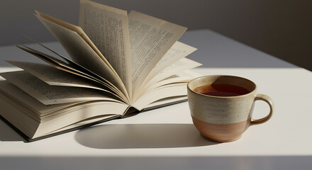 Fototapeta premium Relaxing read with warm tea on a bright day