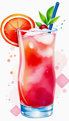A vibrant watercolor illustration of a refreshing cocktail with ice, fruit garnish, and a blue straw.