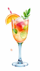 Watercolor illustration of a tall glass filled with a refreshing drink, ice cubes, orange slice, lime, mint, and a striped straw.