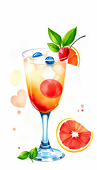 Vibrant watercolor illustration of a refreshing cocktail garnished with fruit.