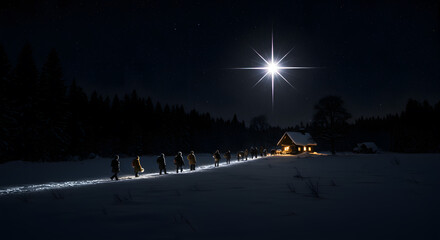 A snowy night scene depicts a group of people following a bright star towards a warmly lit cabin.