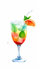 Colorful layered cocktail in a stemmed glass, garnished with fruit and herbs.