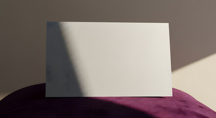 A blank white card rests on a purple velvet cushion, bathed in soft light. Perfect for showcasing designs.