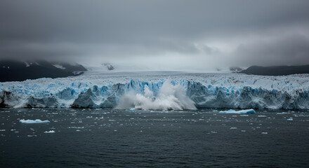 Naklejka premium Dramatic panoramic view of a massive glacier calving into the cold arctic ocean on an overcast day