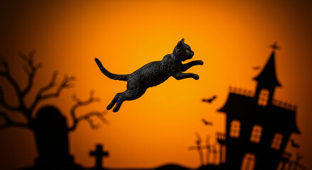 Fototapeta premium Halloween Black Cat Leaping Silhouette Against Orange Background - High-quality stock image for commercial use