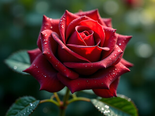 A velvety red rose, adorned with glistening dewdrops, captures nature's beauty in a close-up shot.