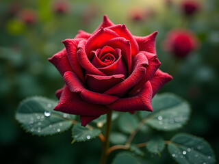 A velvety, deep red rose blooms, adorned with dewdrops on its leaves, set against a soft, blurred garden backdrop.