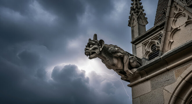 Dramatic view of a gothic gargoyle chimera on a cathedral rooftop against a dark stormy sky with lightning