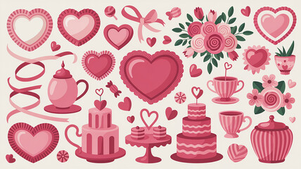 Naklejka premium Pink hearts and sweet treats with floral arrangements cakes flowers