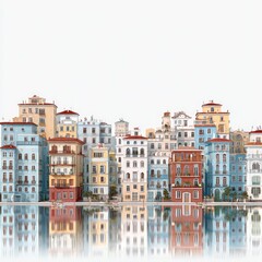 Fototapeta premium Colorful European waterfront city reflected, digital illustration. Possible use travel brochure
