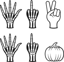 Fototapeta premium Skeleton hands making gestures and a halloween pumpkin