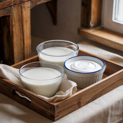 Wooden Tray with Dairy Products: Milk and Yogurt in Bowls