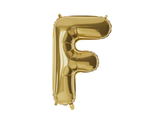 Photo of gold foil balloon in the shape of the letter f, isolated on transparent background