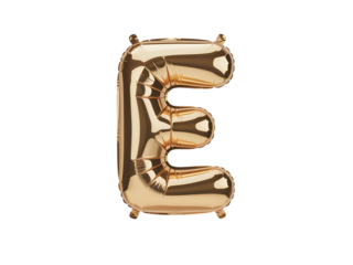 Photo of gold foil balloon in the shape of the letter e, isolated on transparent background