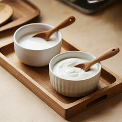 Wooden Tray with Dairy Products: Milk and Yogurt in Bowls