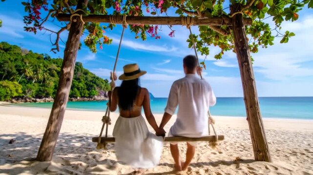 Young Couple Enjoying a Swing on Tropical White Sand Beach Under Clear Blue Skies with Turquoise Ocean Water and Lush Green Vegetation Backdrop