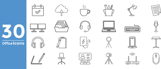 30 Office Icons Set – Line Style Business Tools, Workplace, Devices, Stationery, Tech Gadgets, Remote Work, Laptop, Desk Setup, Office Essentials & Productivity Symbols for UI, Web, and Design"