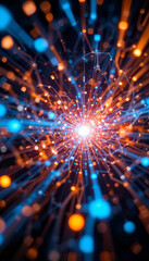 Abstract Network Connection Explosion with Light Rays and Blue Orange Particles on Dark Background