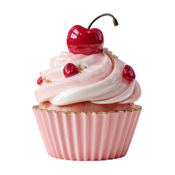 3d pink cupcake with cherry topping isolated on transparent background 