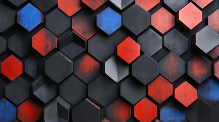 Abstract geometric design, hexagonal tiles in gray, red, and blue, textural surface