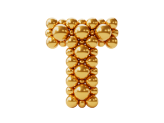 Photo of golden letter t balloon made of spheres isolated on transparent background