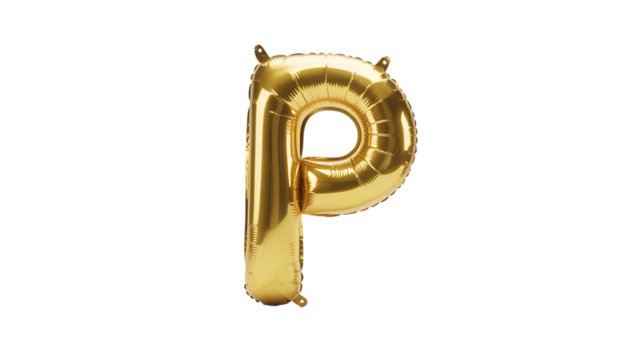 Photo of golden foil balloon in the shape of the letter p, isolated on transparent background - Powered by Adobe