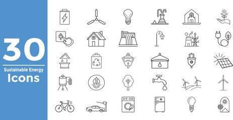 "30 Sustainable Energy Icons – Line Style Eco Power, Renewable Energy, Solar, Wind, Hydro, Battery, EV Charging, Smart Home, Green Technology & Energy Conservation Symbols for UI, Web & Design Project
