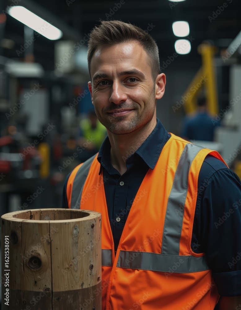Poster rotational molding operator smiling while holding a hollow container