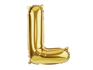 Fototapeta premium Photo of gold foil balloon shaped like the letter l, isolated on transparent background