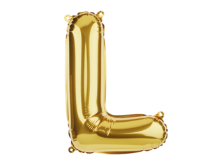 Photo of gold foil balloon shaped like the letter l, isolated on transparent background