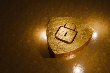 Golden shield with padlock icon on textured surface symbolizing cybersecurity, data protection, and digital privacy. Elegant concept for secure technology and premium security services