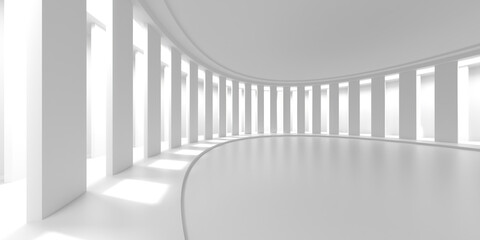 Curved architectural corridor with tall columns and soft light. 3d render
