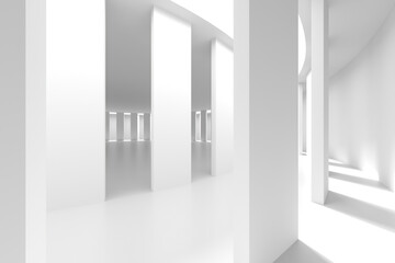 Minimalist architecture design in modern white interior space. 3d render.