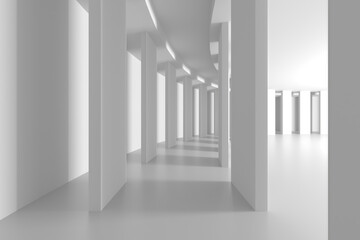 Modern minimalist white architectural interior design space with pillars. 3d render