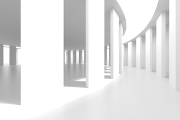 Minimalist curved white architectural pillars design for modern interiors and spaces. 3d render.