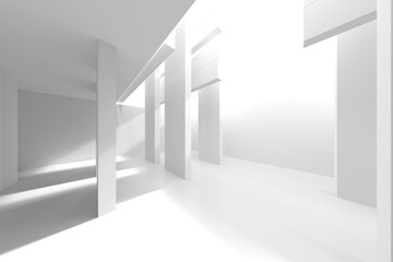 Minimalist white interior scene with abstract geometric structures. 3d render