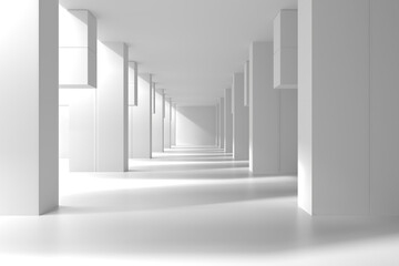 Modern architectural hallway with symmetrical columns and shadows. 3d render