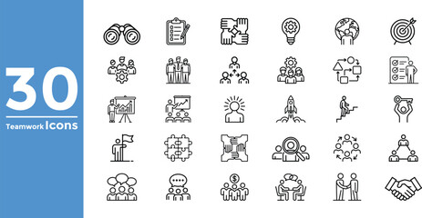 "30 Teamwork Icons Set – Line Style Collaboration, Leadership, Brainstorming, Strategy, Partnership, Productivity, Business Goals, and Office Communication Symbols for Web, App, and Presentation Desig