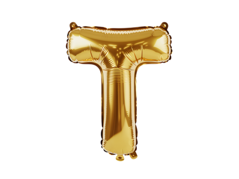 Photo of golden foil balloon in the shape of the letter t, isolated on transparent background