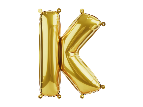 Photo of gold metallic letter k balloon isolated on transparent background, perfect for celebrations and parties