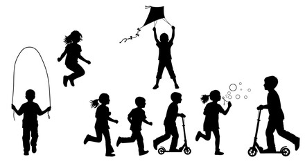 Naklejka premium Silhouette vector art of children playing with kite jumping rope bubbles and scooters outdoor activities image on transparent background