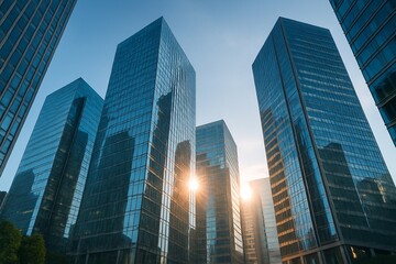 Fototapeta premium 朝日が差し込む高層ビル群のシルエット