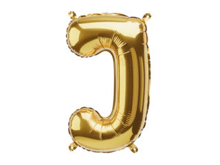 Photo of gold foil balloon in the shape of the letter j, isolated on transparent background