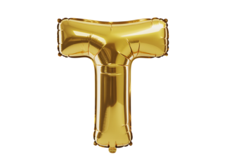 Photo of gold foil balloon shaped like the letter t, isolated on transparent background