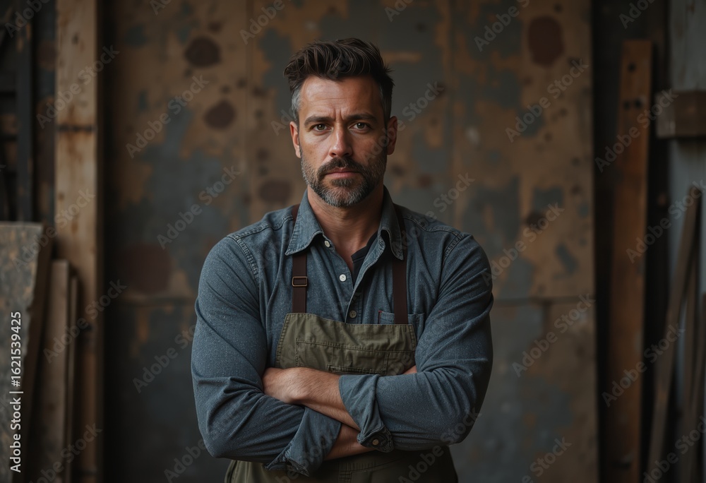 Poster skilled granite cutter with a focused expression in a workshop setting
