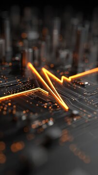 Abstract visualization of isolated bright pulses triggering on a black circuit board resembling a cardiac electrogram with benign arrhythmias.