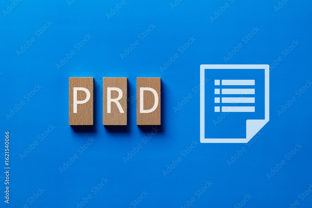 Poster prd wood block for business. an abbreviation for product requirements document, great for articles o